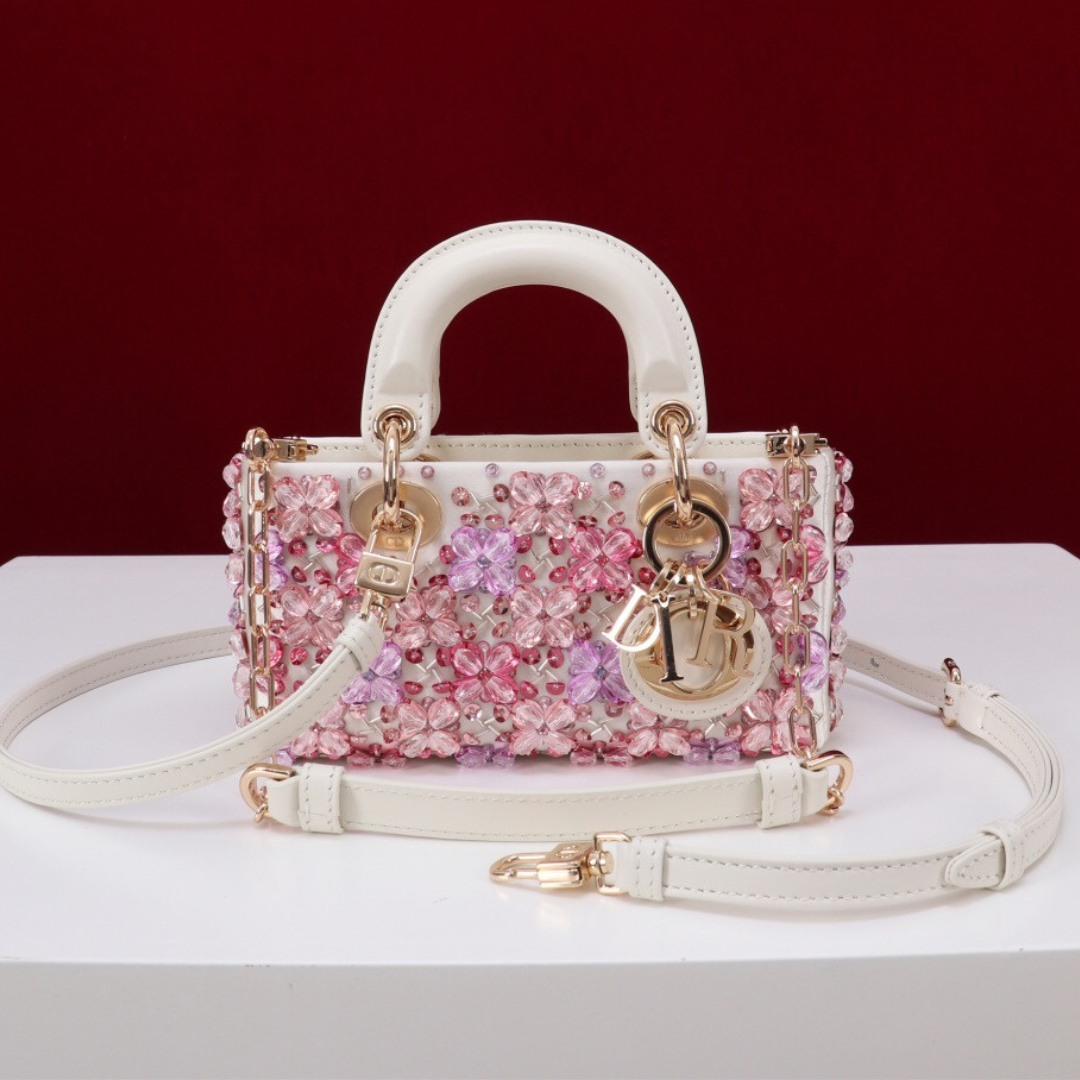 DIOR LADY D-JOY MICRO BAG IN WHITE CALF LEATHER WITH PINK FLORAL EMBROIDERY AND RHINESTONES