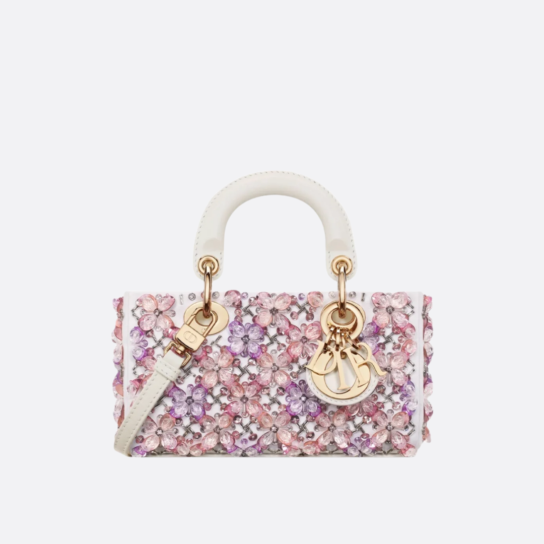 DIOR LADY D-JOY MICRO BAG IN WHITE CALF LEATHER WITH PINK FLORAL EMBROIDERY AND RHINESTONES