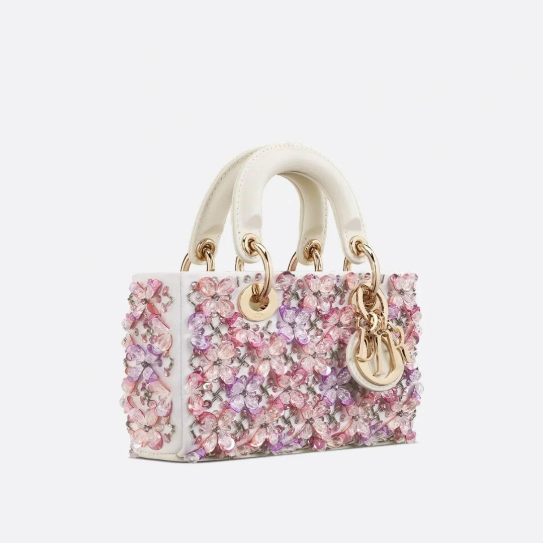 DIOR LADY D-JOY MICRO BAG IN WHITE CALF LEATHER WITH PINK FLORAL EMBROIDERY AND RHINESTONES