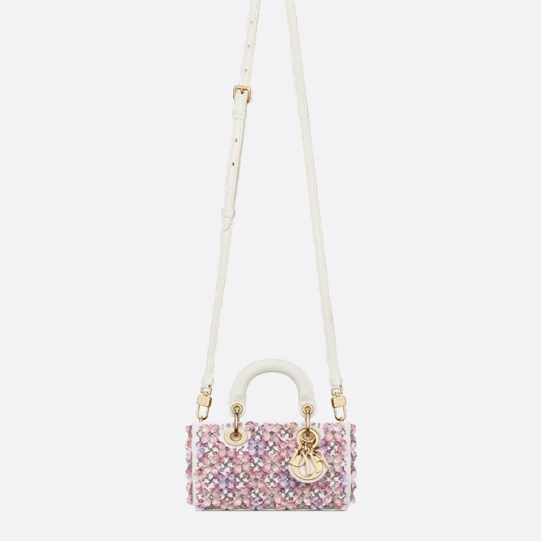 DIOR LADY D-JOY MICRO BAG IN WHITE CALF LEATHER WITH PINK FLORAL EMBROIDERY AND RHINESTONES