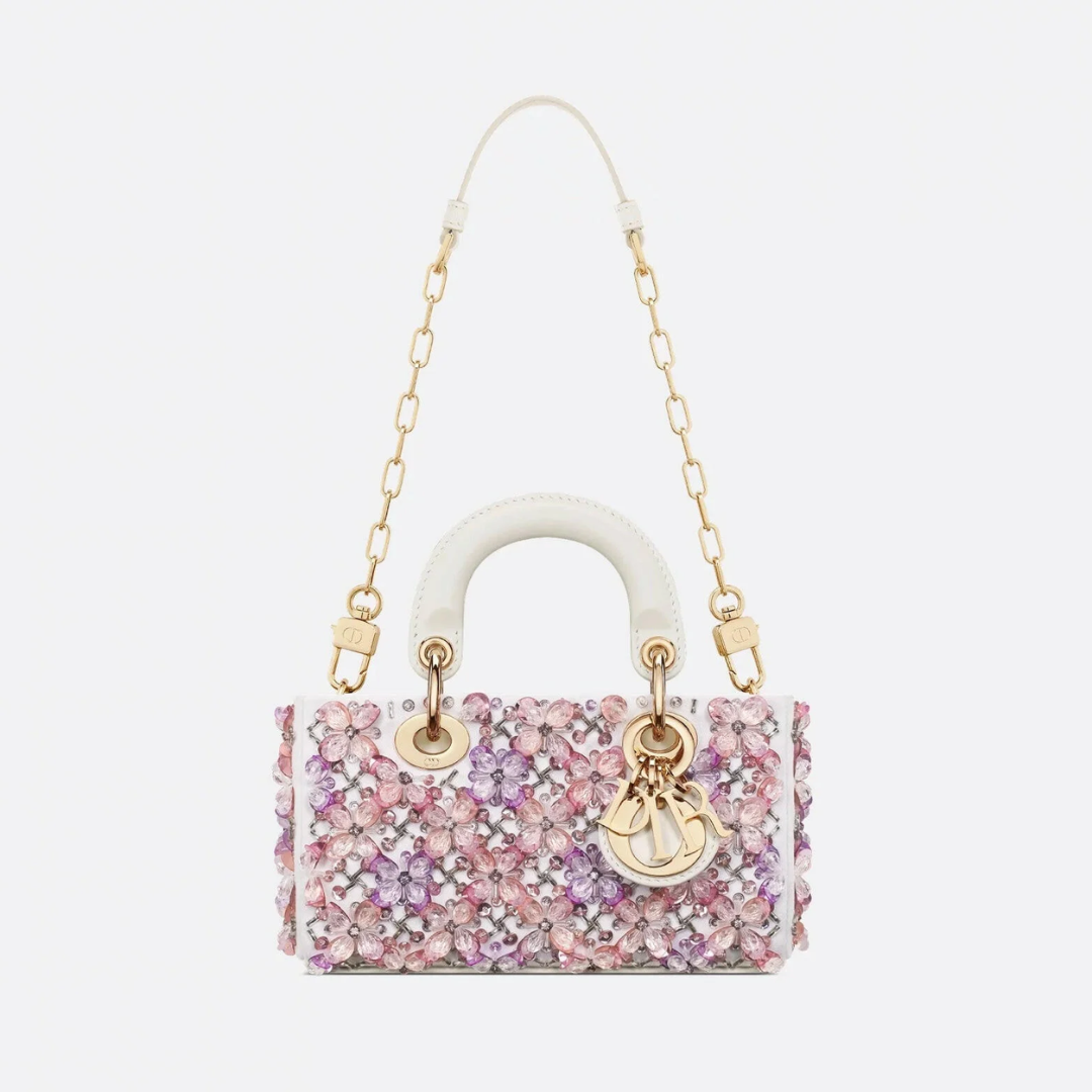 DIOR LADY D-JOY MICRO BAG IN WHITE CALF LEATHER WITH PINK FLORAL EMBROIDERY AND RHINESTONES