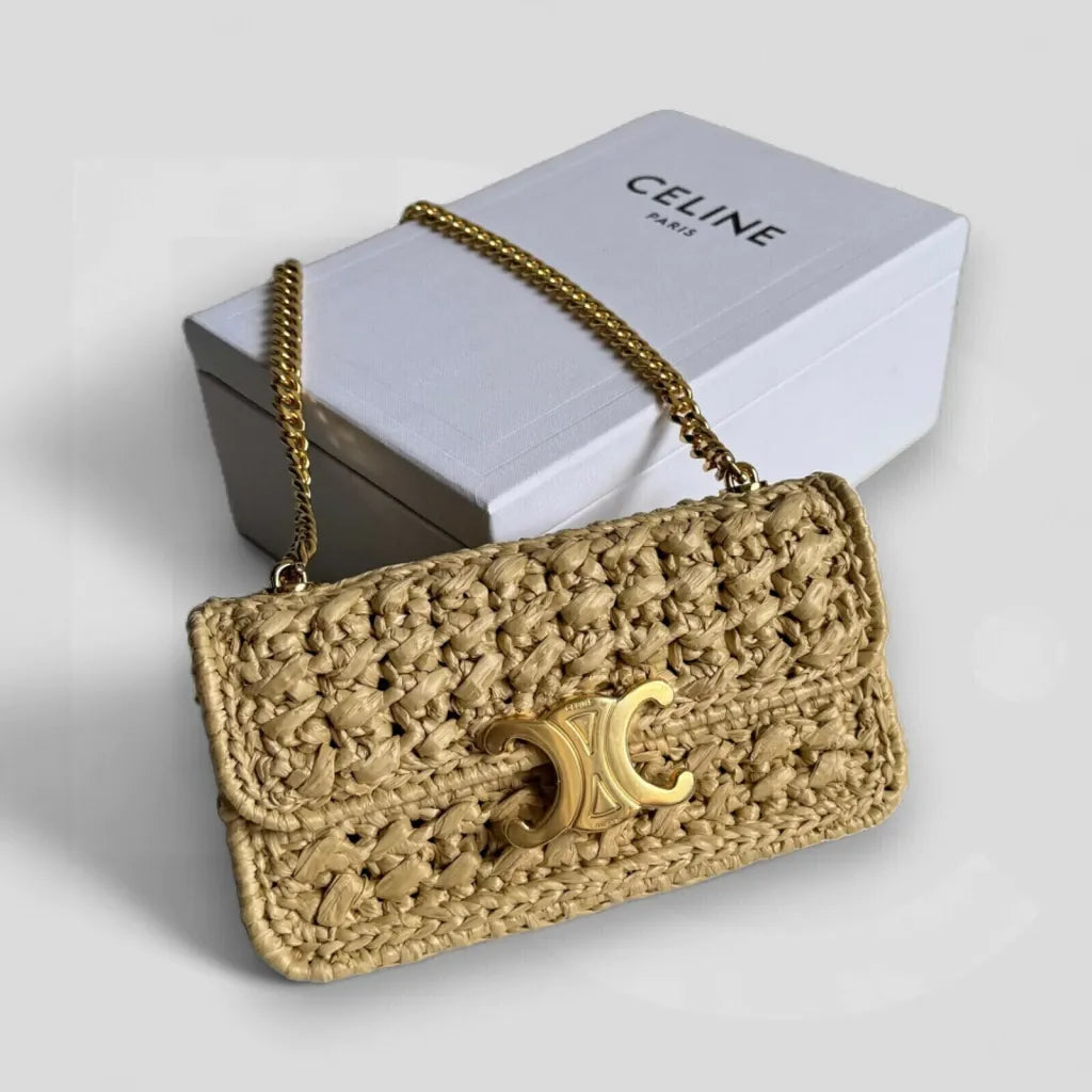 CLAUDE SHOULDER BAG WITH CHAIN IN RAFFIA WITH FABRIC EFFECT