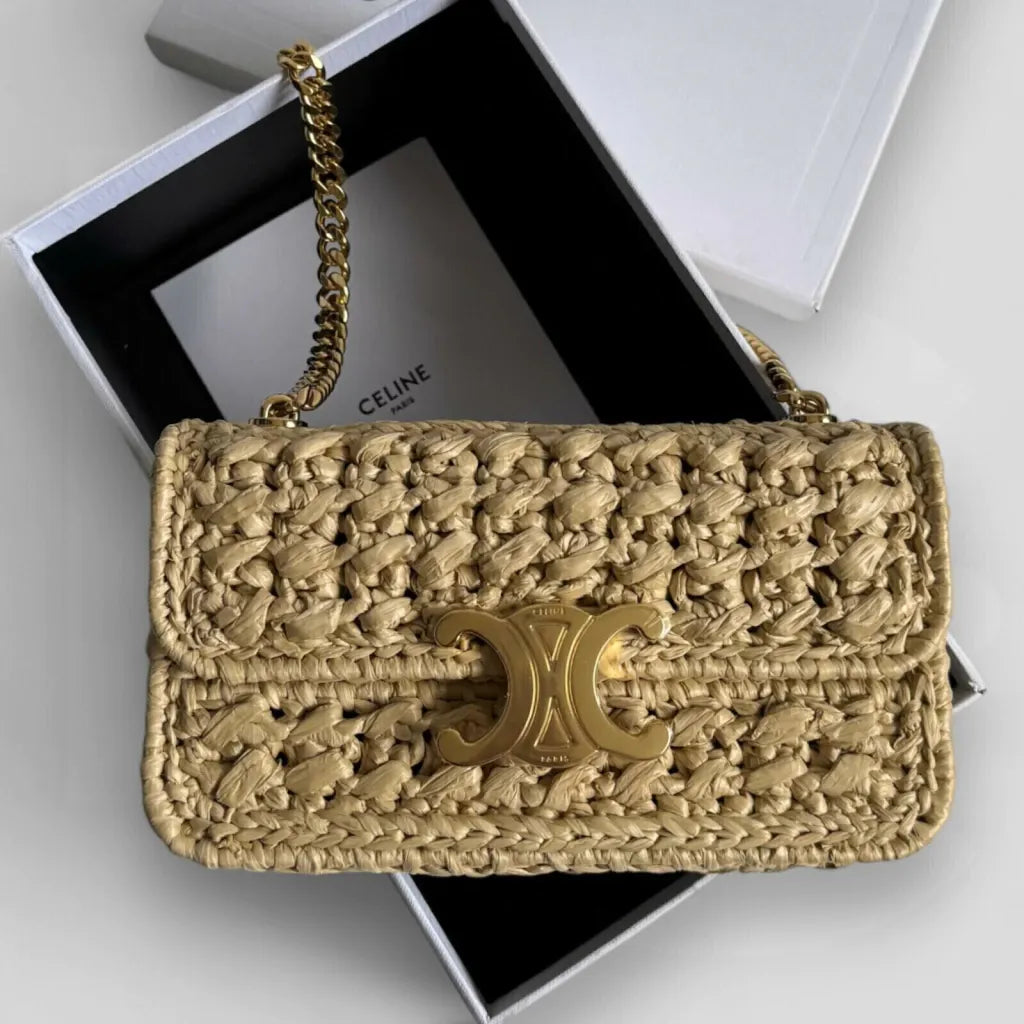 CLAUDE SHOULDER BAG WITH CHAIN IN RAFFIA WITH FABRIC EFFECT