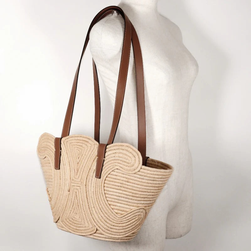 CELINE CLASSIC BREADING BASKET IN SMALL WITH BRAIDED TRIOMPHE MADE OF RAFFIA AND CALFSKIN